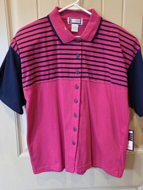 NWT Vintage Gina Peters Pink & Navy Striped Button Front Polo Shirt Large
